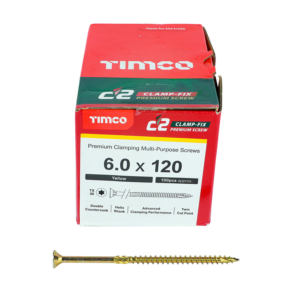 C2 Clamp-Fix - TX - Double Countersunk with Ribs - Twin-Cut - Yellow - 6.0mm x 120mm  - 100 Pack