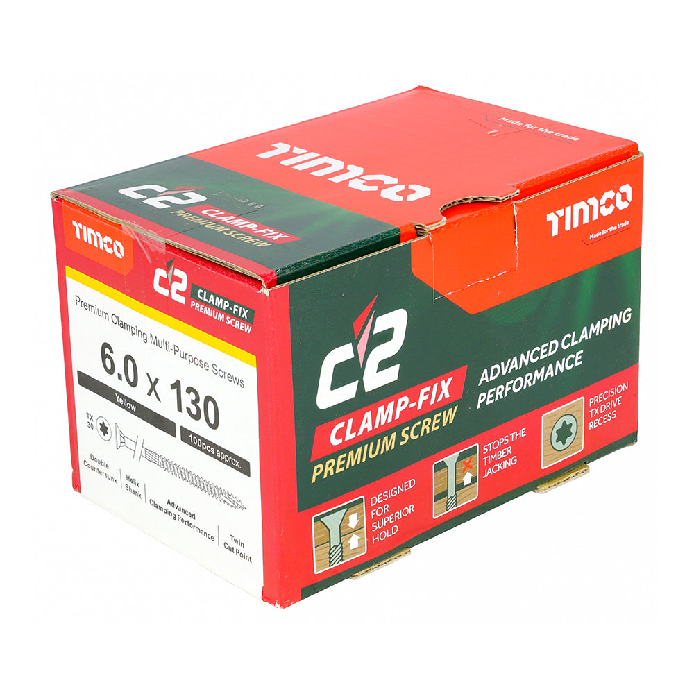 C2 Clamp-Fix - TX - Double Countersunk with Ribs - Twin-Cut - Yellow - 6.0mm x 130mm  - 100 Pack