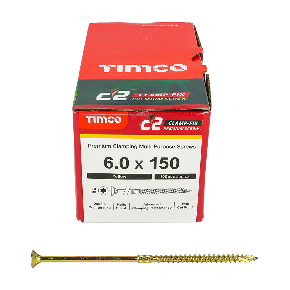 C2 Clamp-Fix - TX - Double Countersunk with Ribs - Twin-Cut - Yellow - 6.0mm x 150mm  - 100 Pack
