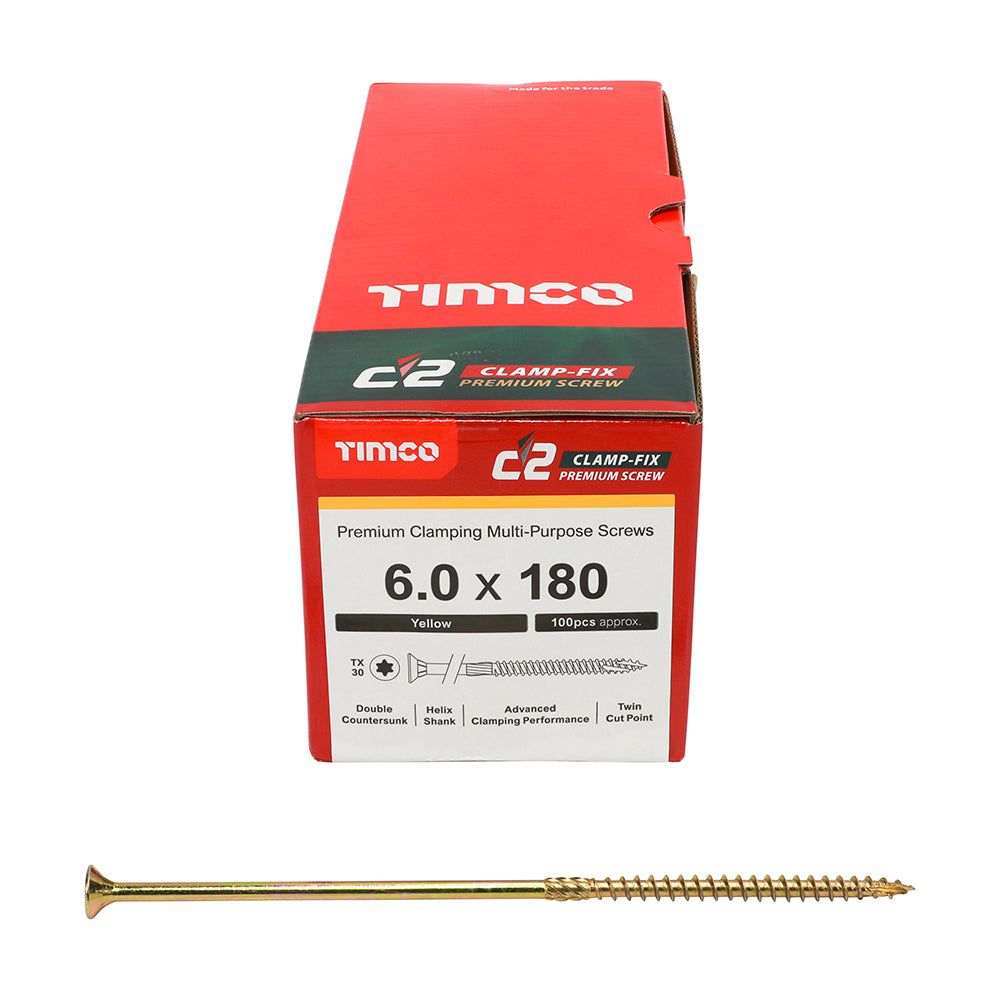 C2 Clamp-Fix - TX - Double Countersunk with Ribs - Twin-Cut - Yellow - 6.0mm x 180mm  - 100 Pack