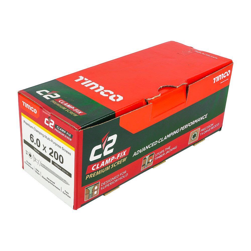C2 Clamp-Fix - TX - Double Countersunk with Ribs - Twin-Cut - Yellow - 6.0mm x 200mm  - 100 Pack