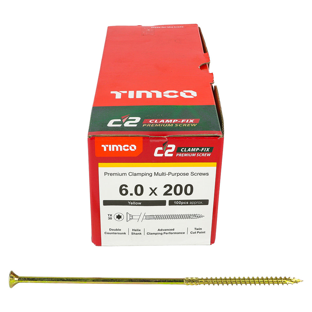 C2 Clamp-Fix - TX - Double Countersunk with Ribs - Twin-Cut - Yellow - 6.0mm x 200mm  - 100 Pack