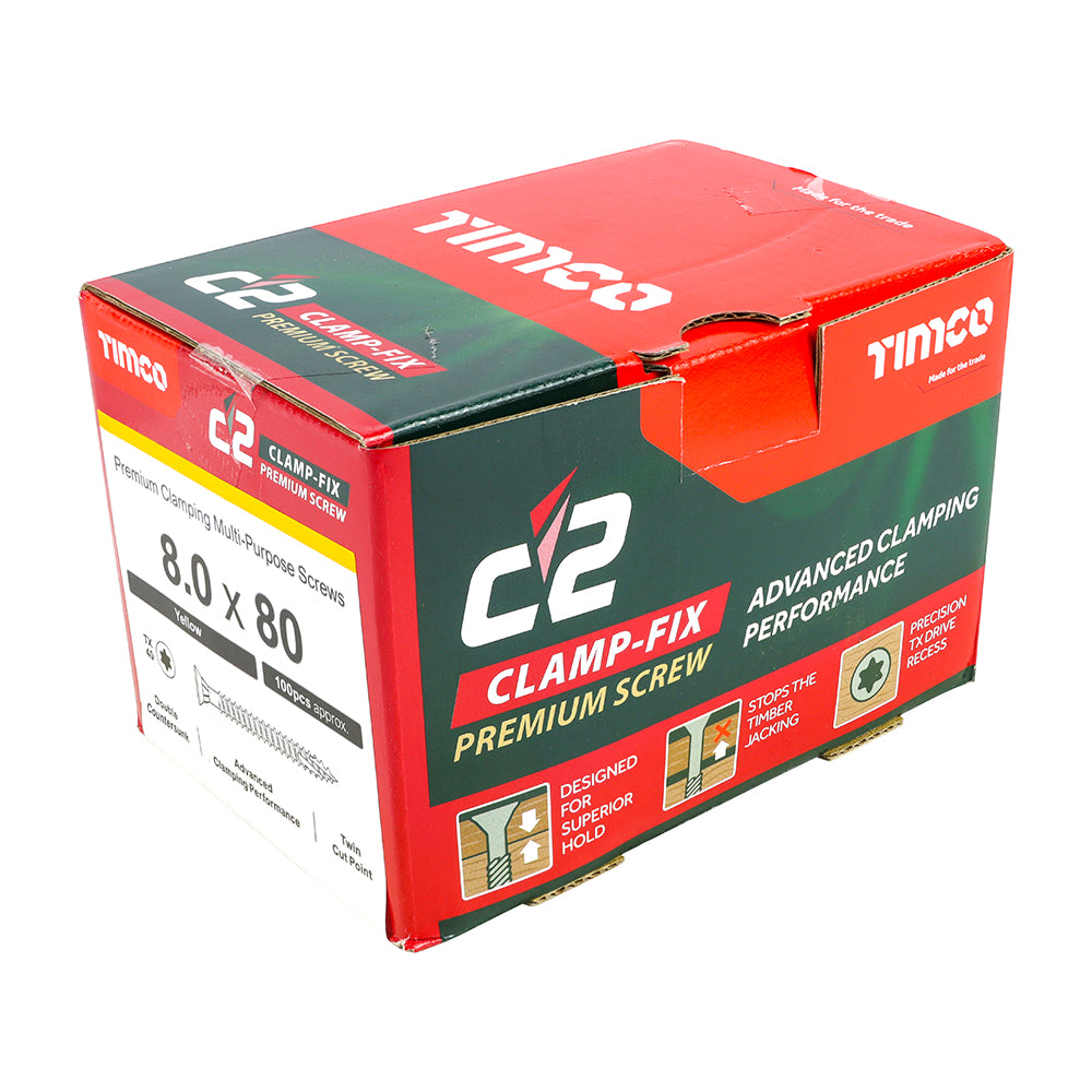 C2 Clamp-Fix - TX - Double Countersunk with Ribs - Twin-Cut - Yellow - 8.0mm x 80mm  - 100 Pack