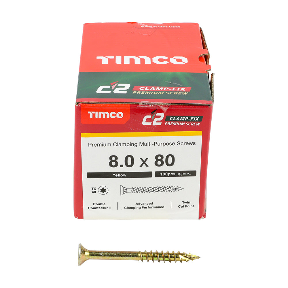 C2 Clamp-Fix - TX - Double Countersunk with Ribs - Twin-Cut - Yellow - 8.0mm x 80mm  - 100 Pack