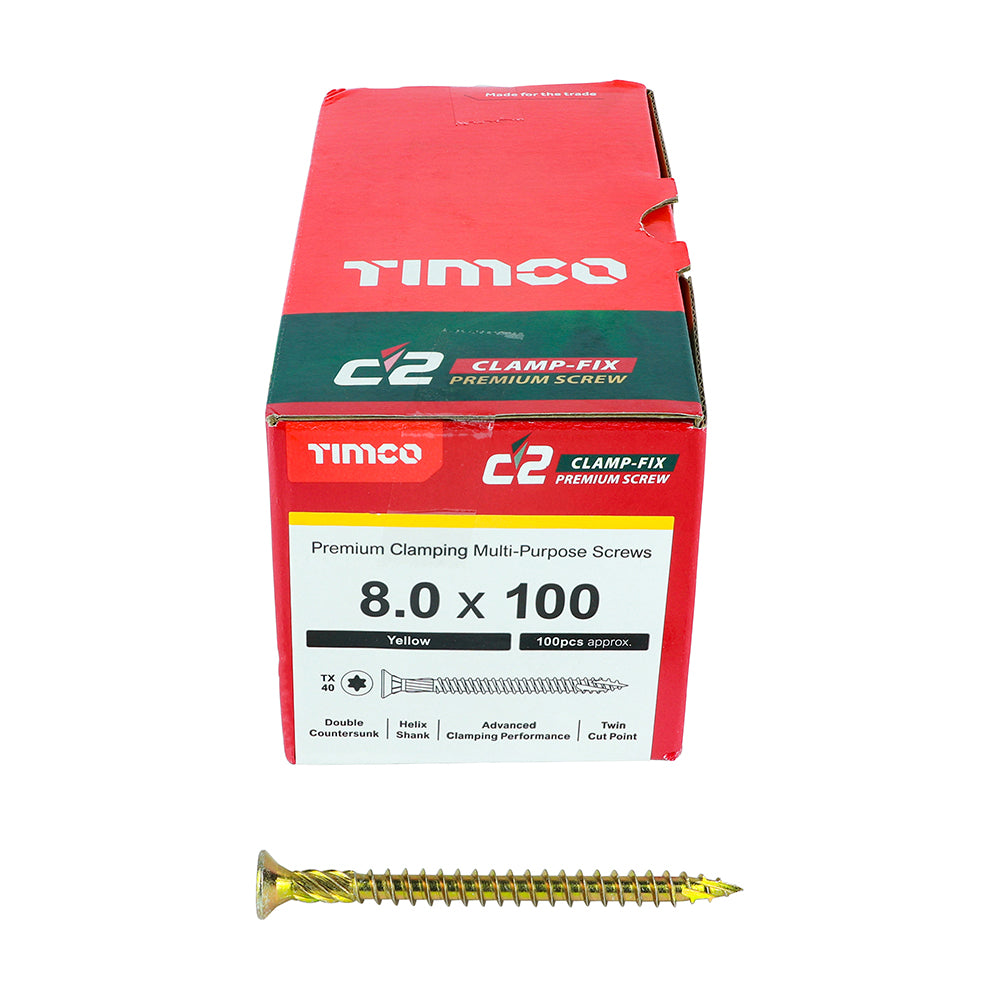 C2 Clamp-Fix - TX - Double Countersunk with Ribs - Twin-Cut - Yellow - 8.0mm x 100mm  - 100 Pack