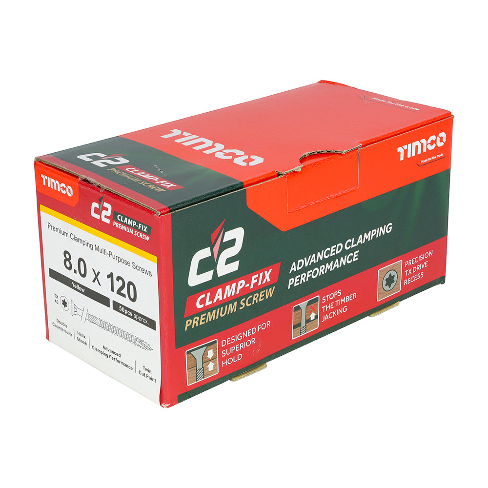 C2 Clamp-Fix - TX - Double Countersunk with Ribs - Twin-Cut - Yellow - 8.0mm x 120mm  - 50 Pack