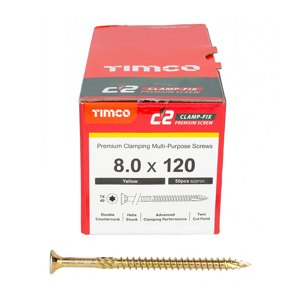 C2 Clamp-Fix - TX - Double Countersunk with Ribs - Twin-Cut - Yellow - 8.0mm x 120mm  - 50 Pack