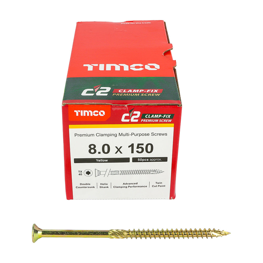 C2 Clamp-Fix - TX - Double Countersunk with Ribs - Twin-Cut - Yellow - 8.0mm x 150mm  - 50 Pack