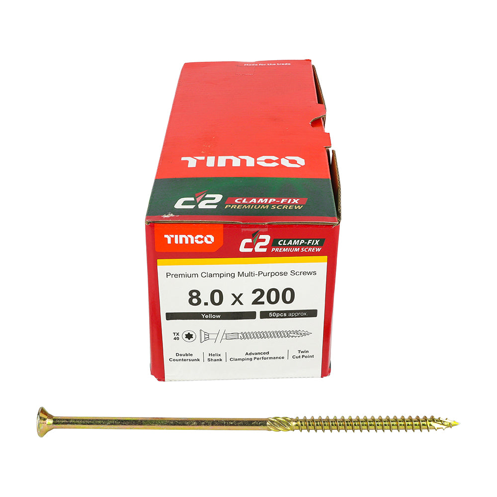 C2 Clamp-Fix - TX - Double Countersunk with Ribs - Twin-Cut - Yellow - 8.0mm x 200mm  - 50 Pack