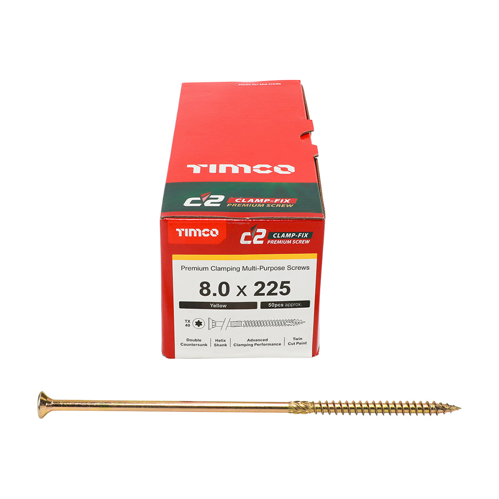 C2 Clamp-Fix - TX - Double Countersunk with Ribs - Twin-Cut - Yellow - 8.0mm x 225mm  - 50 Pack