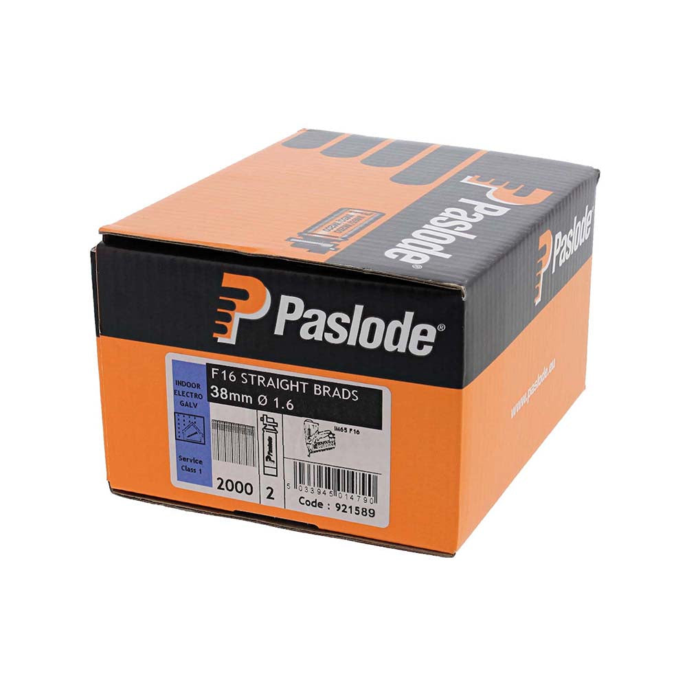 Paslode IM65 Brads & Fuel Cells Pack - Straight - Electro Galvanised - 921589 - 16g x 38/2BFC - 2000 Box